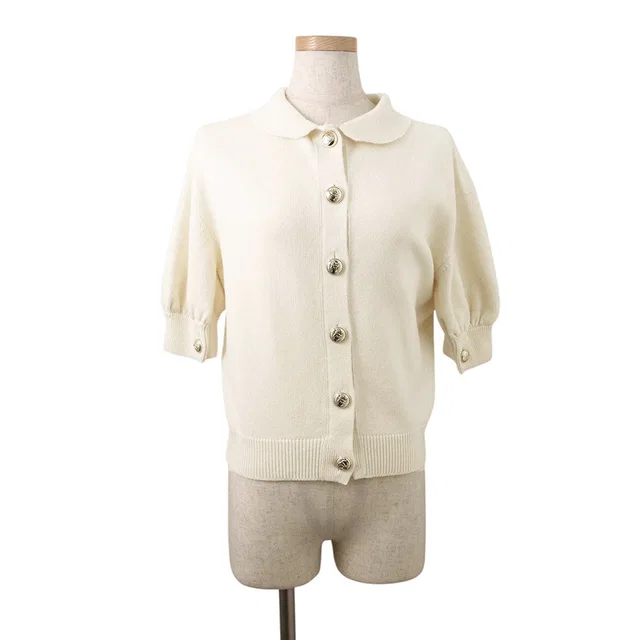 Chanel CC Logo Button Knit Short Sleeve Size 34 IvoryP65575-K61301-N9739 Cashmere100% from GALLERY RARE