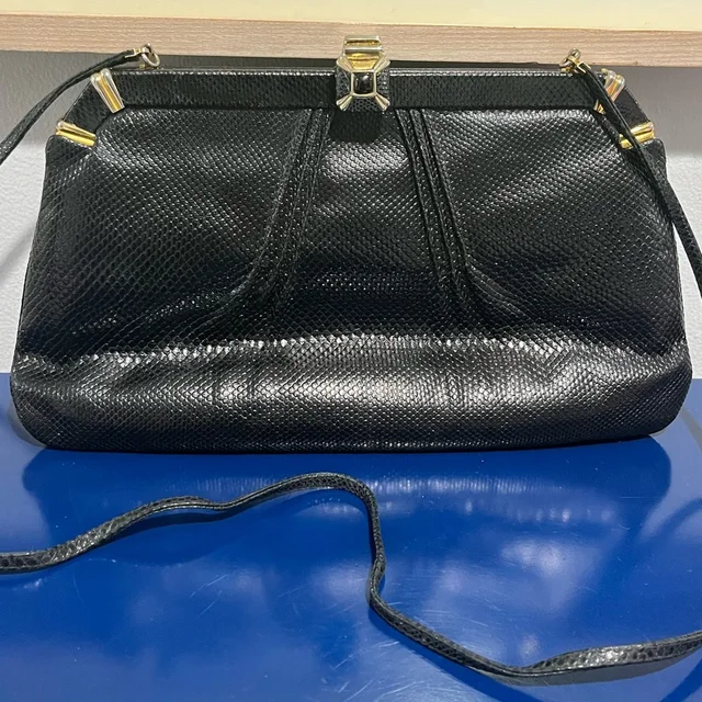 Judith Leiber Leather Snakeskin Reptile Bag Purse Clutch Black Gold Vintage 80s in black|gold Leather from Poshmark
