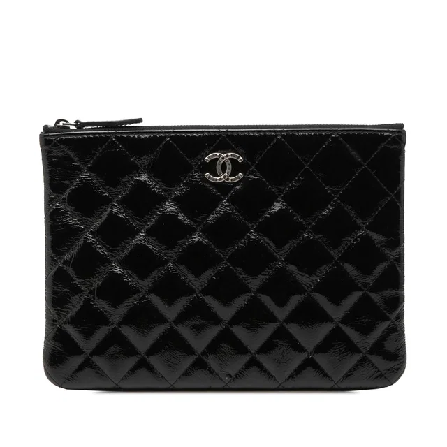 Black Chanel Small Quilted Crinkled Patent O Case Clutch in Black Patent leather from Designer Revival