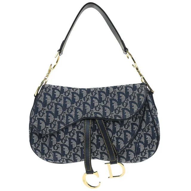 Dior Navy Trotter Double Saddle Handbag in Navy Canvas from AMORE Vintage Tokyo