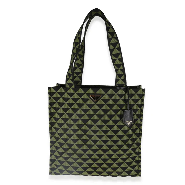 Prada Black Green Jacquard Triangolo Symbole Shopping Tote Black; Canvas Handbag in Black Canvas from HEWI