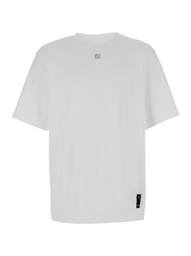 White Crew Neck T-Shirt with FF Plate on the Front in Cotton for Men in White, image 1 of 1 from Gaudenzi Boutique