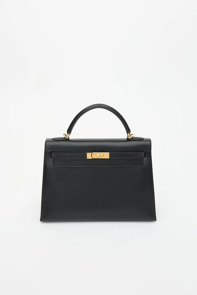 Hermès 2004 Noir H Box Kelly Sellier 32 Bag in Black Box leather from VSP Consignment