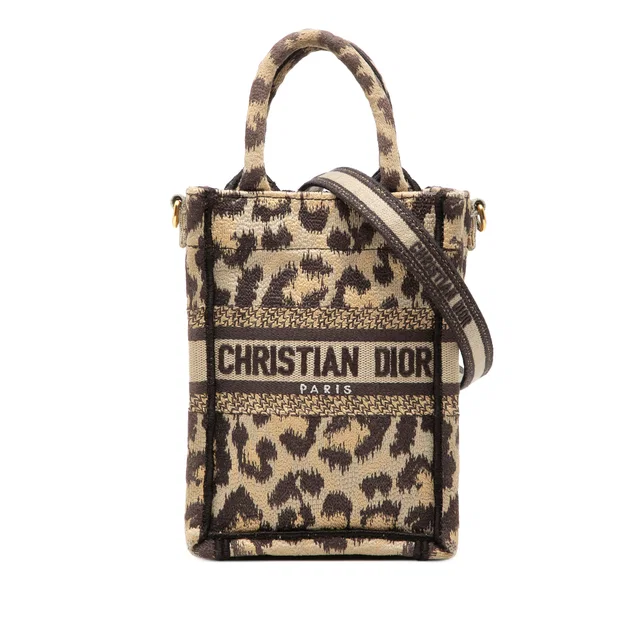 Beige Dior Mizza Mini Embroidered Canvas Leopard Vertical Book Tote Satchel in Beige Canvas from Designer Revival
