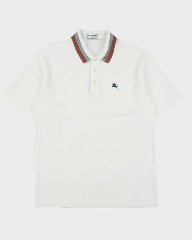 Vintage 1990s Burberry Striped Logo Tipped Short Sleeve Pocket Polo Shirt - L from Rokit Vintage