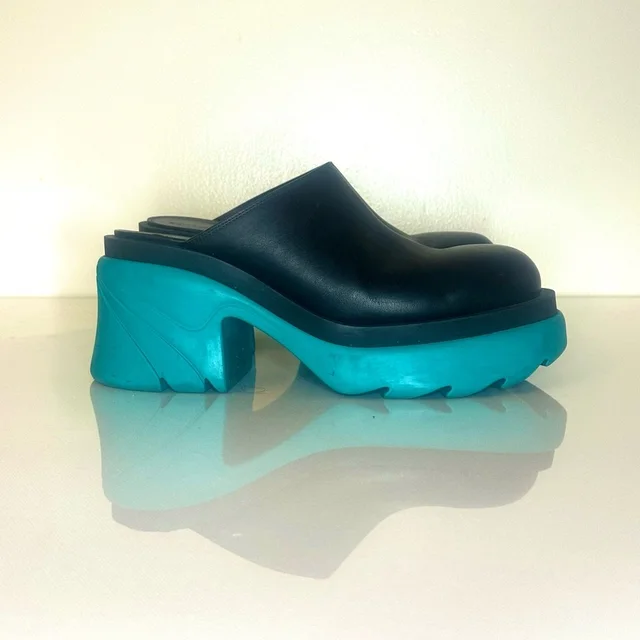 Bottega Veneta Black Leather Mules With Turquoise Chunky Soles in green|black Leather from Poshmark