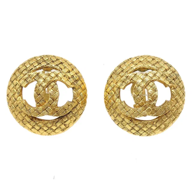 Chanel Button Earrings Gold Clip-On 29/2889 in Gold from AMORE Vintage Tokyo