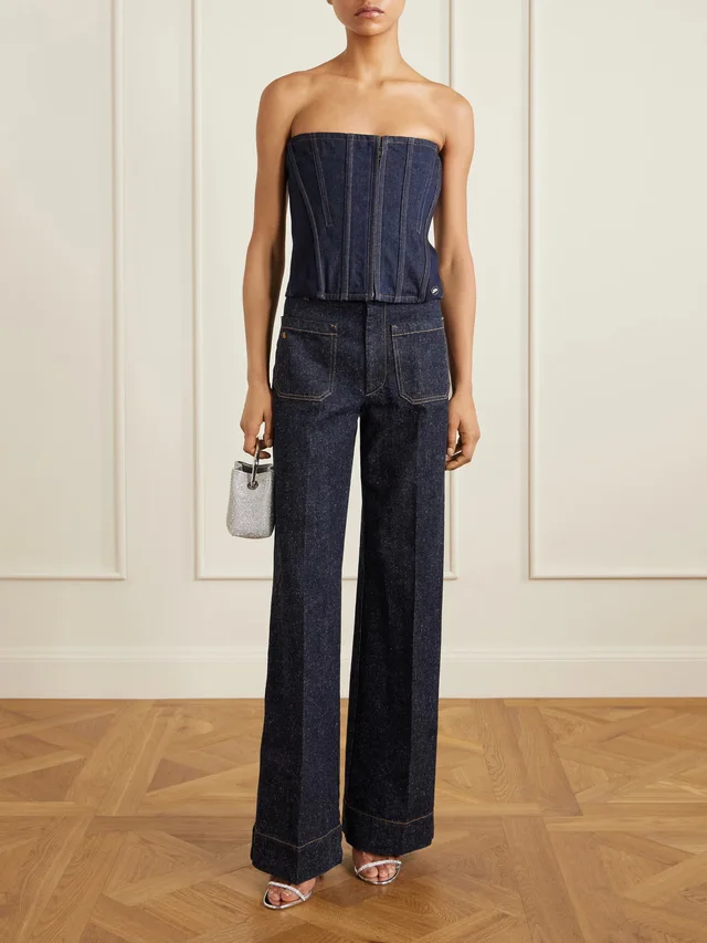 JEAN PAUL GAULTIER Ribbed wool-blend trimmed denim corset top, photo 2 of 2 from NET-A-PORTER (Canada)
