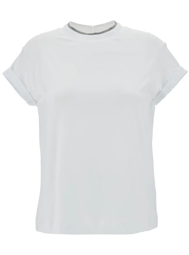 Brunello cucinelli T-Shirt with Monile Detail in White Cotton for Women in White 95% Cotton 5% Elastane, photo 2 of 6 from Gaudenzi Boutique