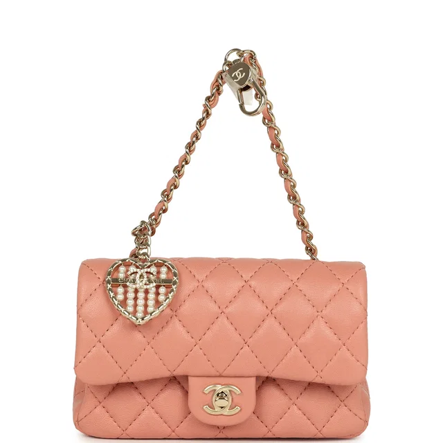 Chanel Nano Classic Double Flap Bag Charm Pink Lambskin Light Gold Hardware in Pink Lambskin from Madison Avenue Couture