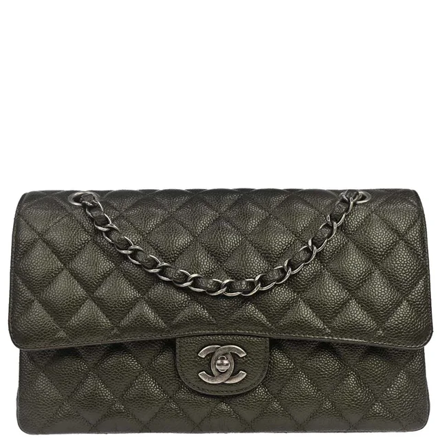 Chanel 2017 Metallic Green Caviar Skin Medium Classic Double Flap Shoulder Bag in Green Caviar leather from AMORE Vintage Tokyo