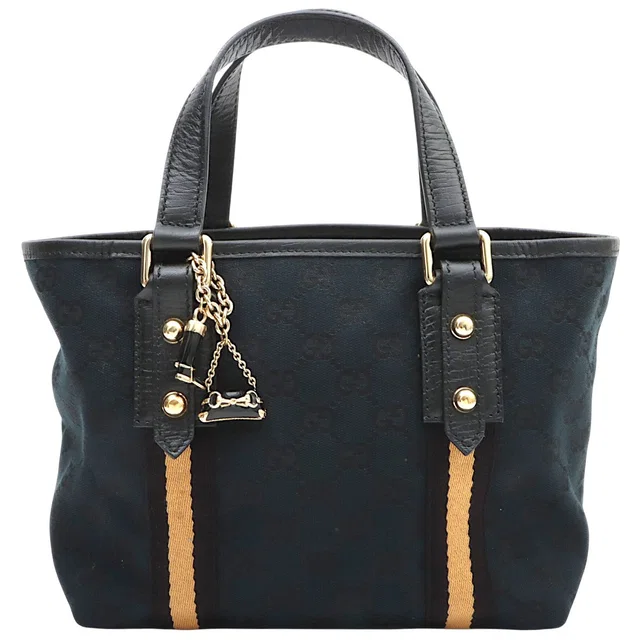 Gucci Canvas GG Pattern Multi-Charm Handbag, Black/Beige in Black Canvas from VINTAGE QOO TOKYO