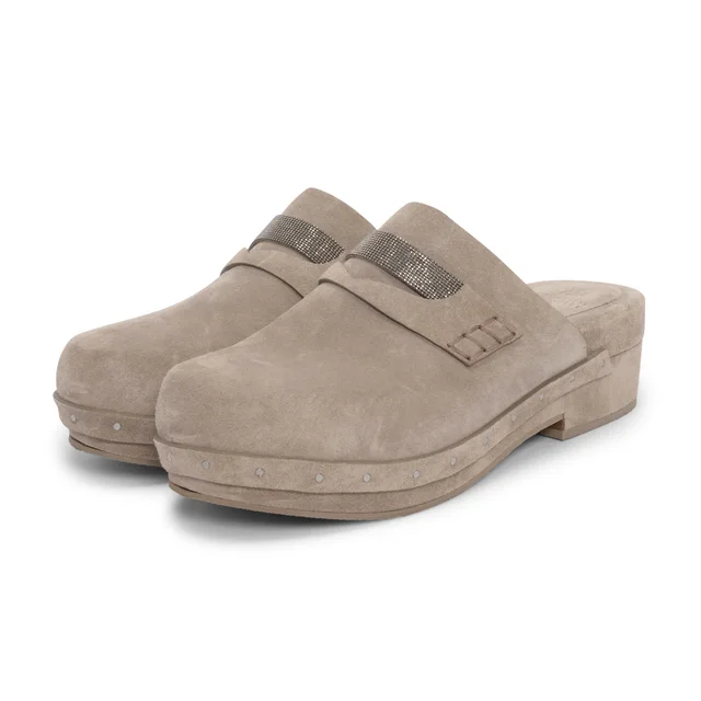 Brunello Cucinelli Monili Beaded Clogs 39.5 in Grey Suede from Blue Spinach
