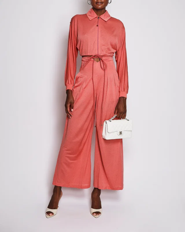 Hermès Coral Silk Cropped Zip-up Top and High Waisted Wide Leg Pants Set with Adjustable Drawstring… in Silk from Sellier