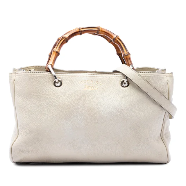 White Gucci Medium Calfskin Bamboo Shopper Satchel in White Calfskin from Designer Revival