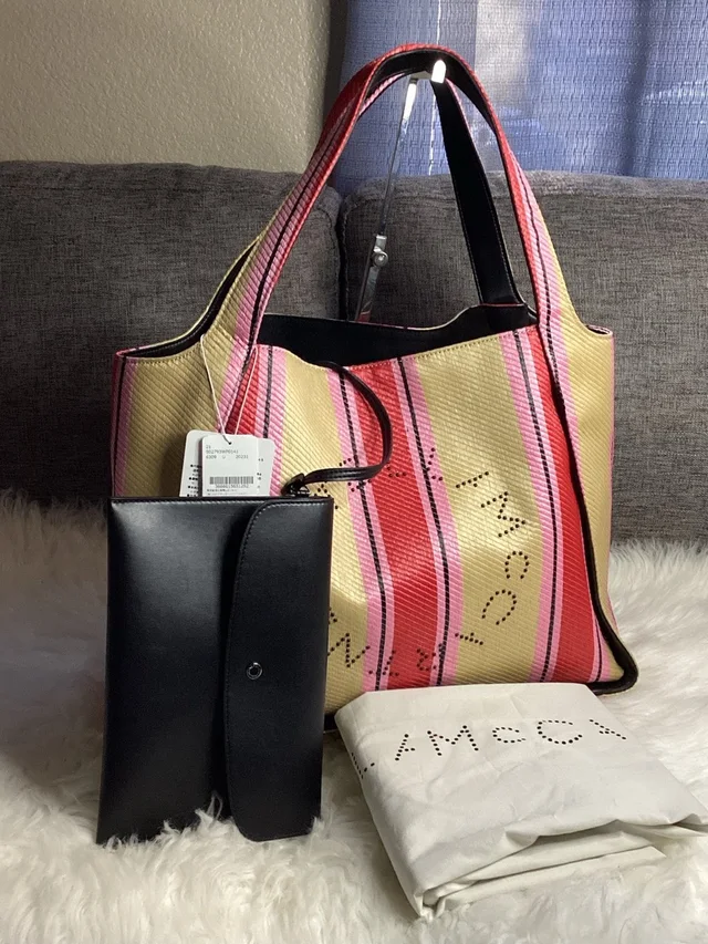 Stella McCartney Raffia Striped Logo Tote in pink Raffia from Poshmark