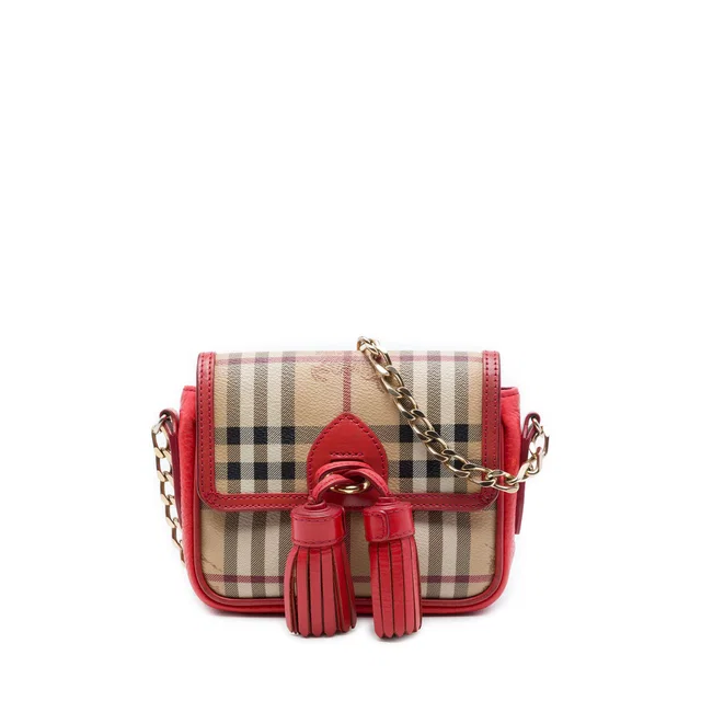 Red Burberry Mini Haymarket Check Coated Canvas Tassel Crossbody in Red Coated canvas from Designer Revival