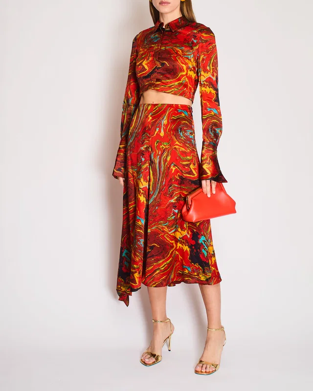 Fendi Burnt Orange Marble Print Silk Shirt and Asymmetric Midi Skirt Set with Embossed Logo Detail… in Orange Silk from Sellier