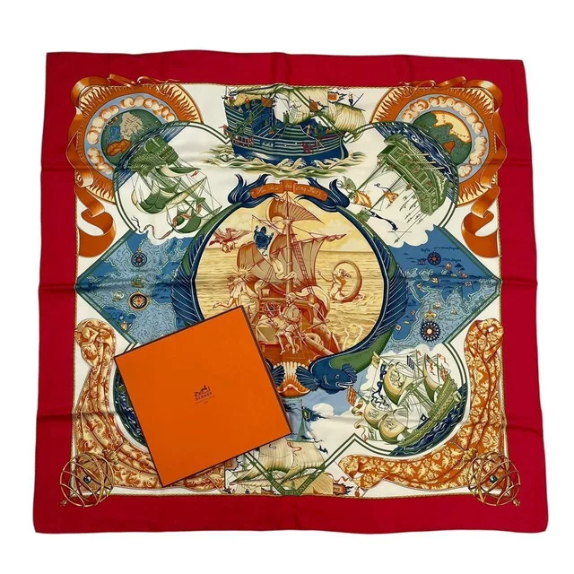 Hermès Scarf Carre 90 Pau Dela Des Cinq Mers Beyond The Five Seas Silk Red in Red Silk from The Reluxe