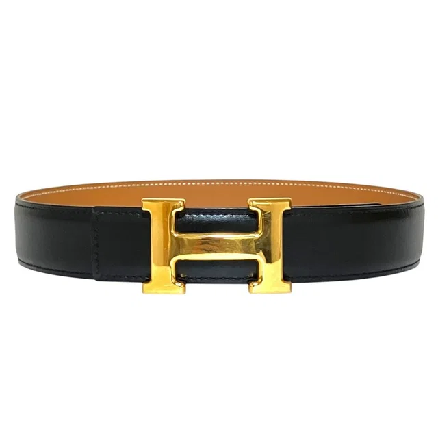 Hermès Vintage Constance Leather Belt H Buckle 85 Black Beige Gold Colored in Black Leather from The Reluxe