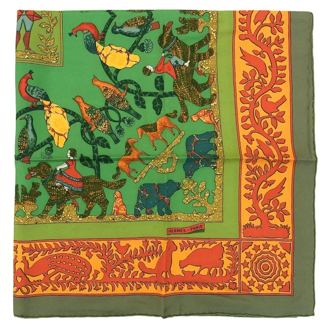 Hermès Carré 90 Early America Scarf Green/Multi in Green Silk from VINTAGE QOO TOKYO