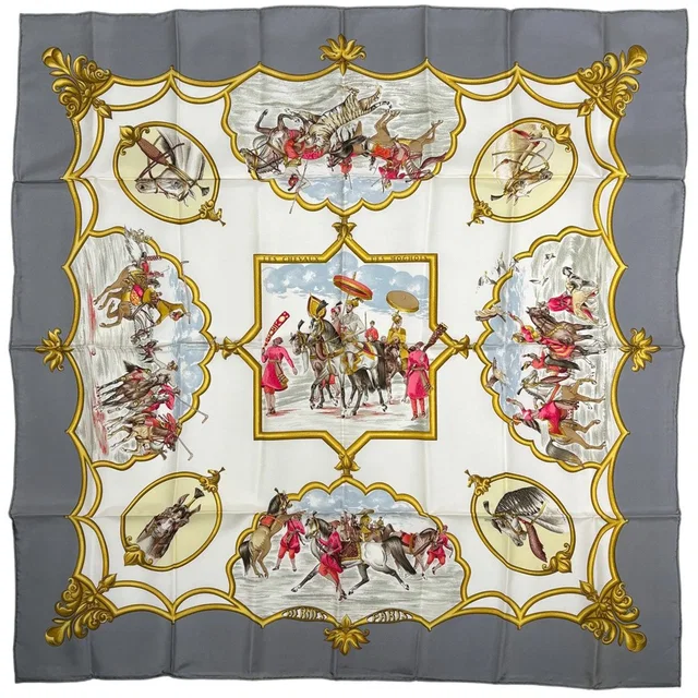 Hermès Carre 90 Les Chevaux Des Moghols Mughal Dynasty Horse Scarf Silk Gray in Grey Silk from The Reluxe
