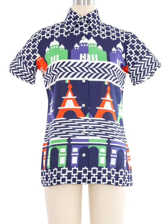 Lanvin Landmark Printed Short Sleeve Top in Multicolor Woven leather from Arcade Vintage