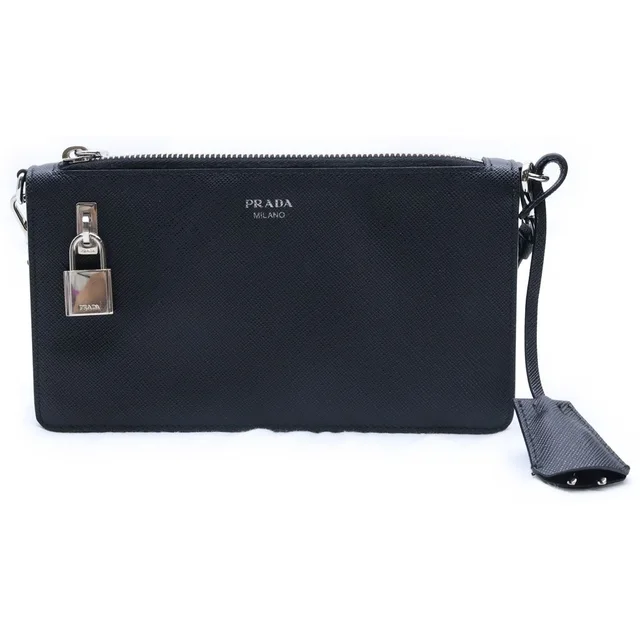 Prada Saffiano Leather Pouch Mini Handbag Black Silver in Black Saffiano leather from The Reluxe