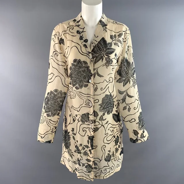 Max Mara Size 8 Cream Black Cotton Blend Floral Notch Lapel Blouse in Black from Poshmark
