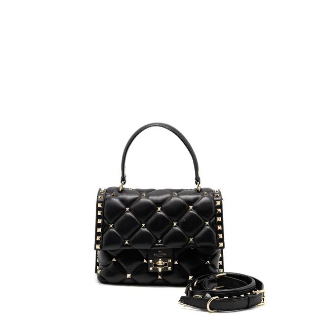 Valentino Garavani Top Handle Quilted Candystud Flap Bag Lambskin Black LGHW in Black Lambskin from EMIER