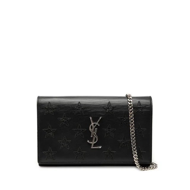 Black Saint Laurent Calfskin Star Applique Classic Monogram Kate Wallet on Chain Crossbody Bag in Black Calfskin from Designer Revival