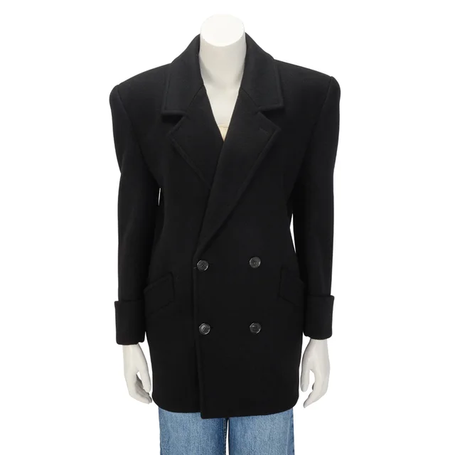 Saint Laurent Double Breasted Short Coat FR 36 in Black Wool from Blue Spinach