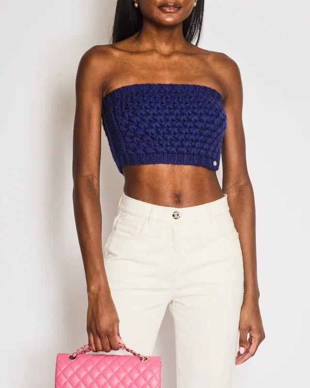 Chanel Resort 2023 Blue Wool Knitted Bandeau Cropped Top with Multi-Colour Crystal Embellished CC… in Blue Wool from Sellier