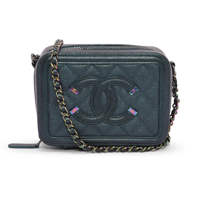 Chanel Iridescent Caviar CC Filigree Vanity with Chain in Dark Turquoise Caviar leather from Blue Spinach