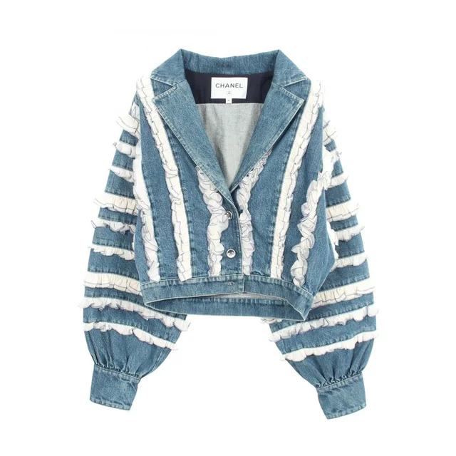 Chanel Denim Jacket Coco Buttons Ruffle 20S Cotton in Denim from The Reluxe