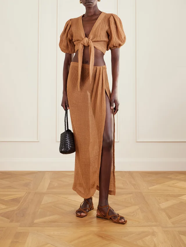 LISA MARIE FERNANDEZ Pleated crinkled linen-blend gauze pareo in Brown, photo 2 of 2 from NET-A-PORTER (Canada)