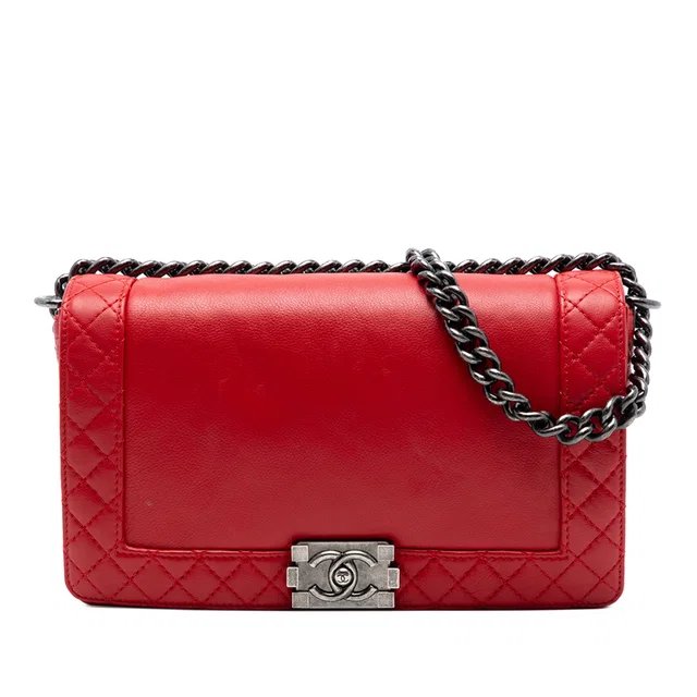 Red Chanel Old Medium Calfskin Boy Reverso Flap Crossbody Bag in Red Calfskin from Designer Revival