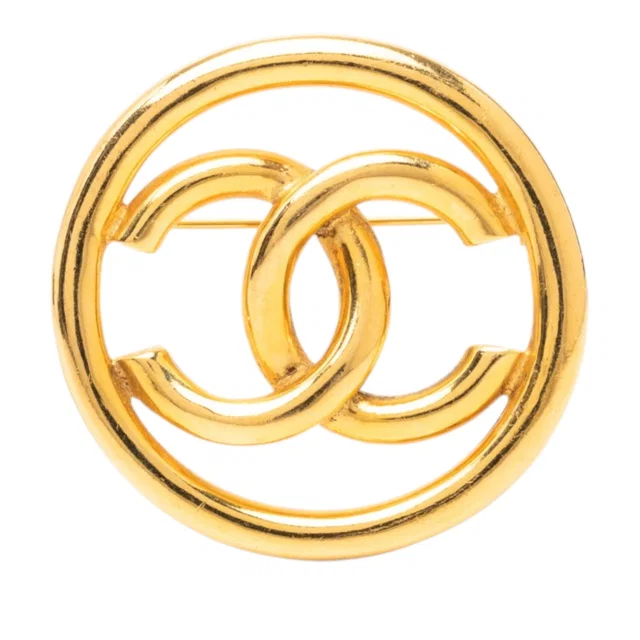Gold Chanel CC Gold Plated Round Brooch in Gold from Designer Revival