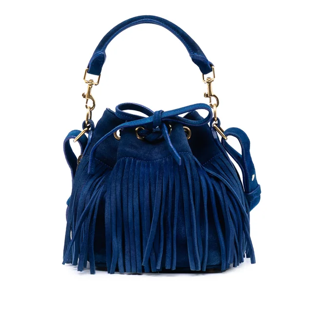 Blue Saint Laurent Small Suede Emmanuelle Fringe Bucket Bag Satchel in Blue Suede from Designer Revival, photo 1 of 1