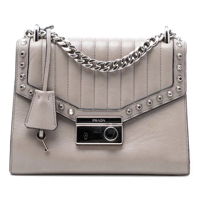 Gray Prada Studded Glace Calf Sound Lock Crossbody in Grey Leather from Designer Revival