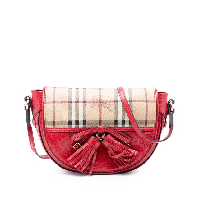 Red Burberry Patent Leather and Haymarket Check Coated Canvas Maydown Crossbody in Red Patent leather from Designer Revival