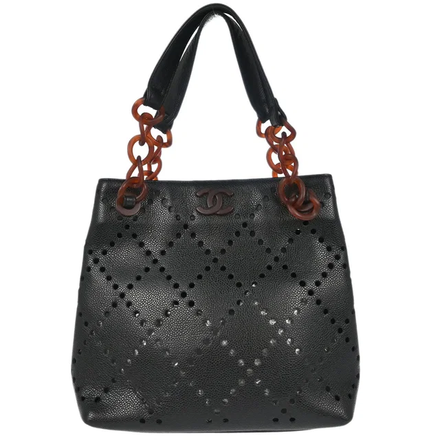 Chanel 2003-2004 Black Perforated Caviar Skin Tote Chain Handbag in Black Caviar leather from AMORE Vintage Tokyo