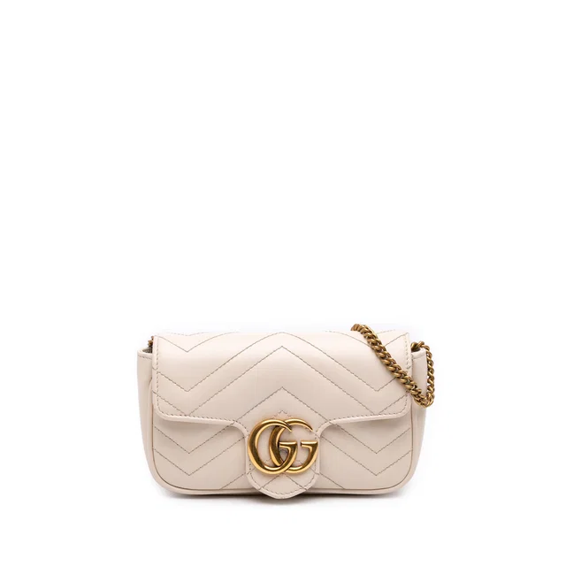 White Gucci Mini GG Marmont Matelasse Calfskin Flap Crossbody in White Calfskin from Designer Revival