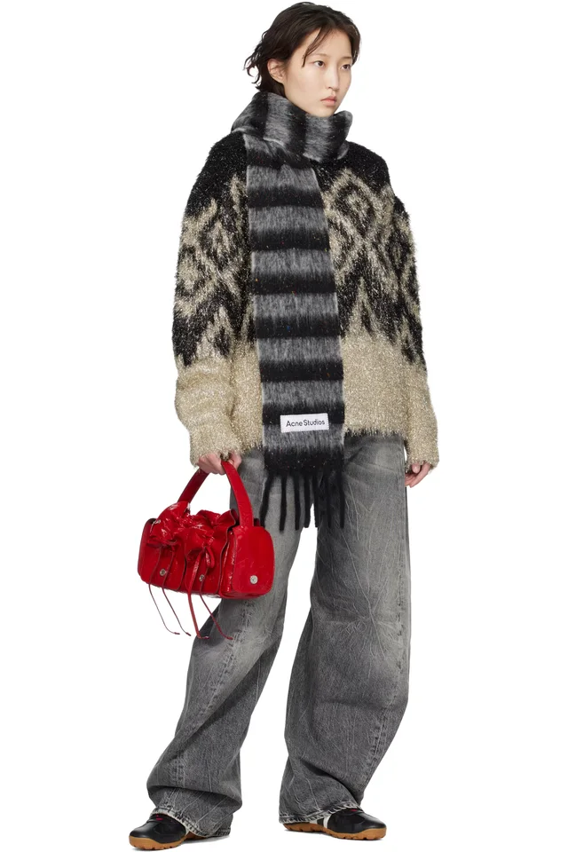 Acne Studios Black & Gray Fringed Wool Skinny Scarf, photo 2 of 2 from SSENSE