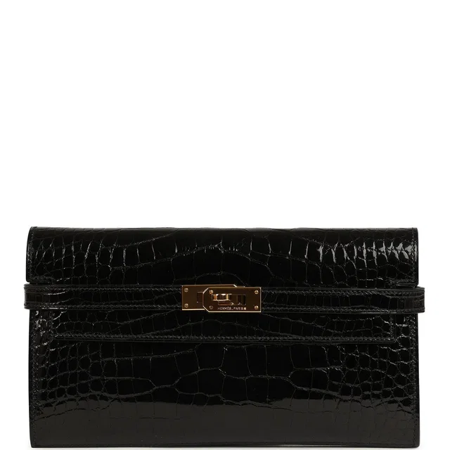 Hermès Kelly Long Wallet Black Shiny Alligator Gold Hardware in Black Crocodile from Madison Avenue Couture