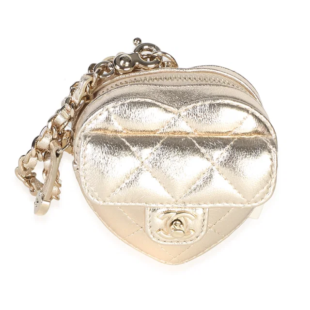Chanel Gold Metallic Quilted Lambskin CC Mini In Love Heart Bag Charm in Gold Lambskin from myGemma