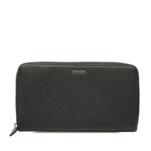 Black Prada Saffiano Zip Around Long Wallet in Black Saffiano leather from Designer Revival