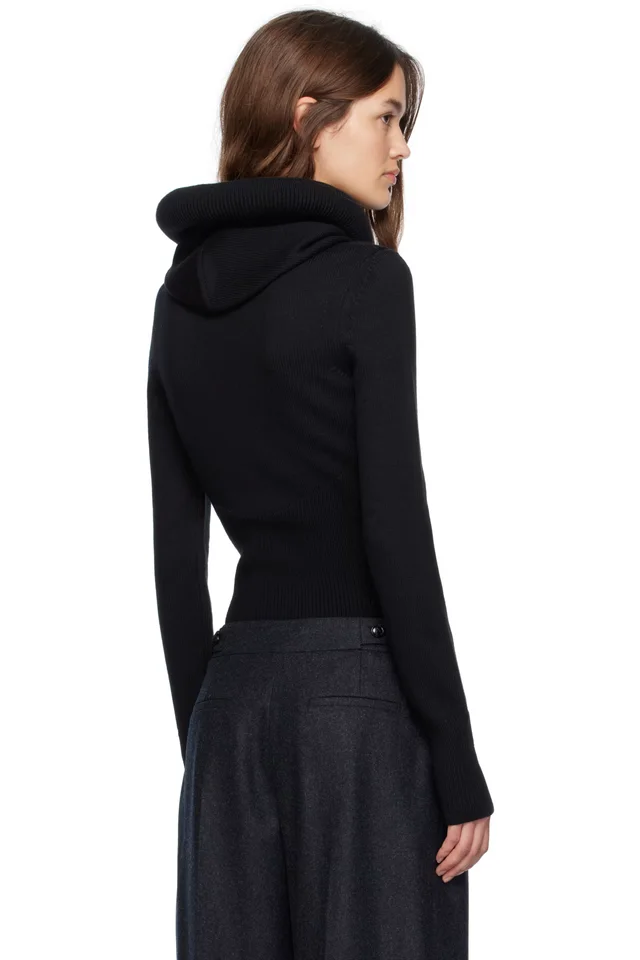 ALAÏA Black Sculptural Hood Ribbed Knit Turtleneck, photo 3 of 5 from SSENSE