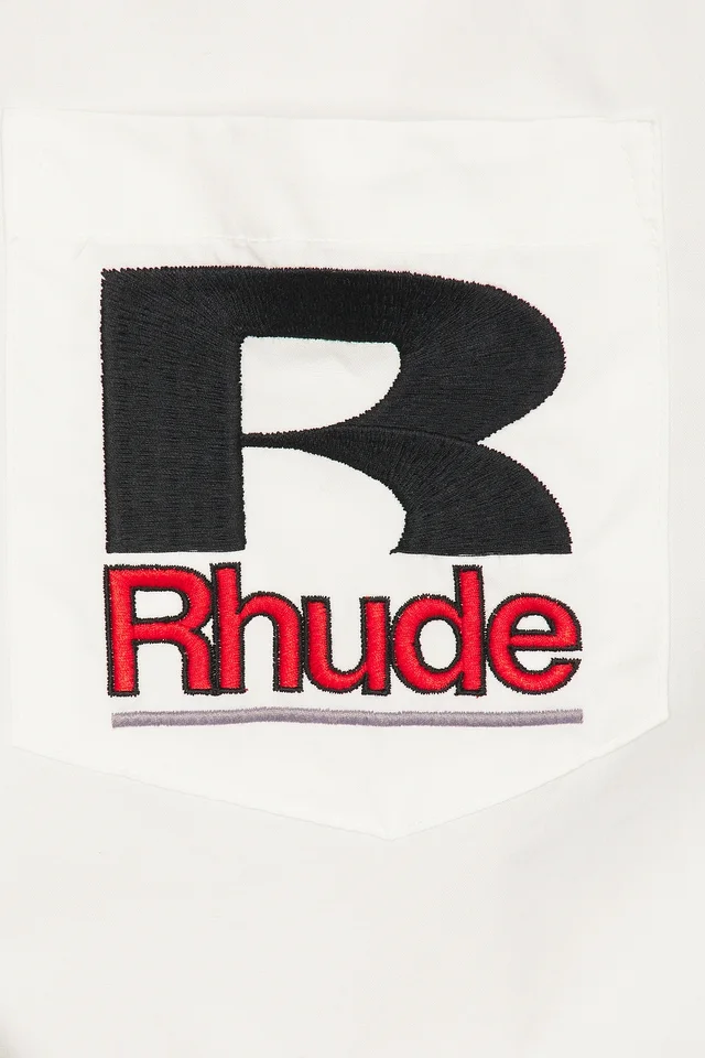 Rhude Petrol Oversized Mechanic Shirt in White, Black, & Red, photo 6 of 6 from REVOLVE (Canada)