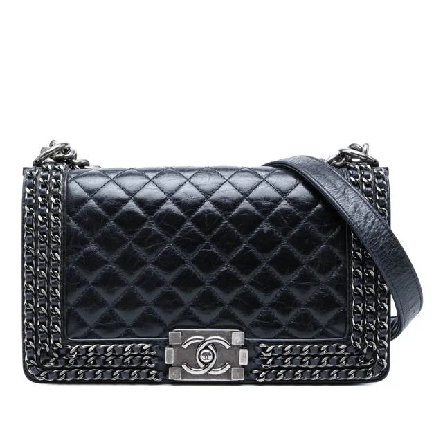 Blue Chanel Old Medium Quilted Glazed Calfskin Chain Around Boy Flap Crossbody Bag in Blue Calfskin from Designer Revival